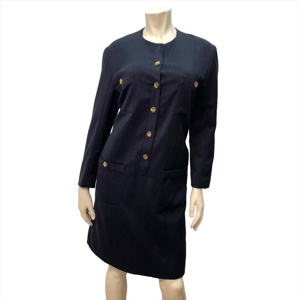 Chanel Boutique Vintage Designer Wool Dress With Golden Clover Buttons  Size M